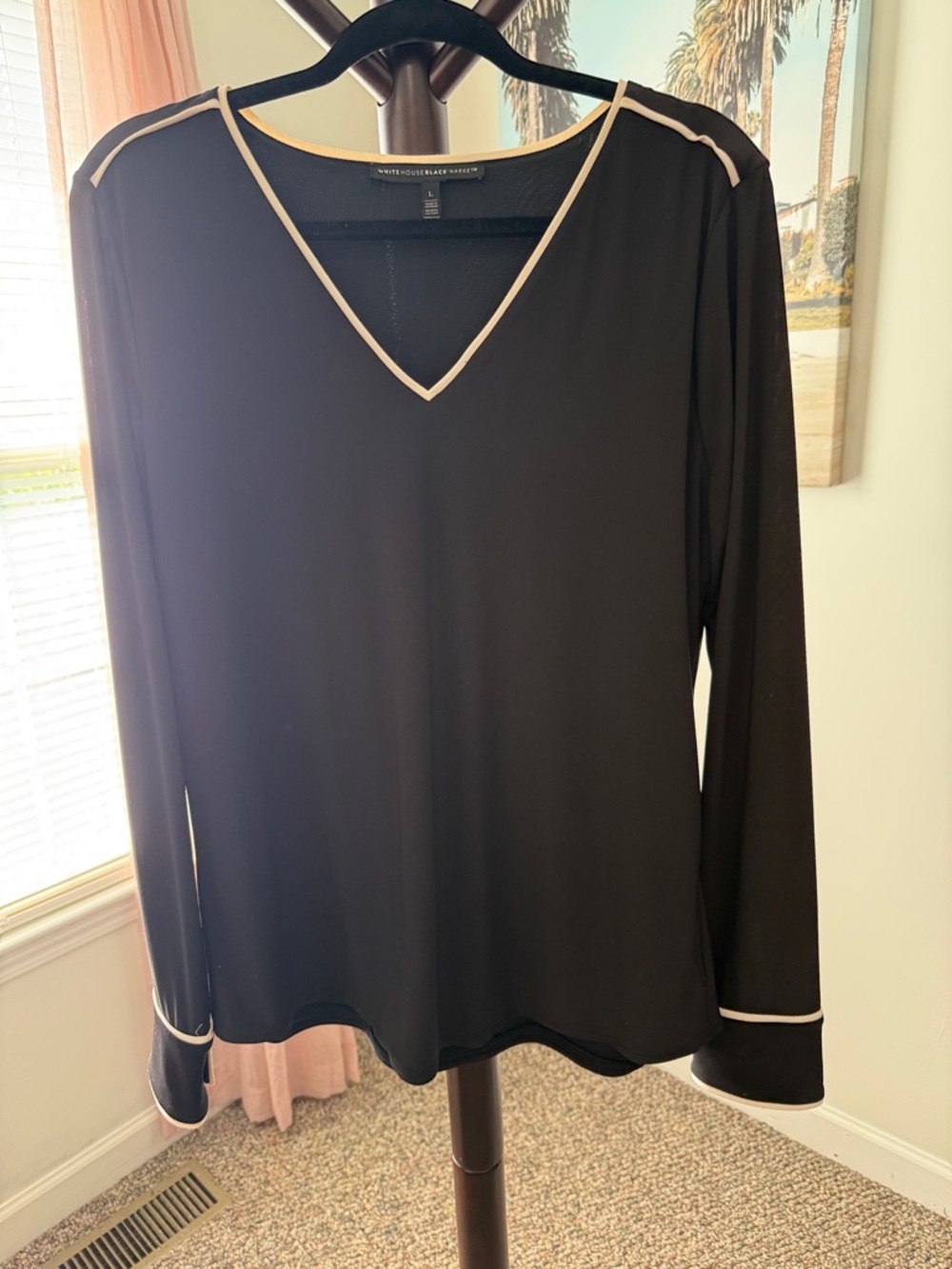 White House Black Market Black V-Neck Long Sleeve Top with Cream Trim